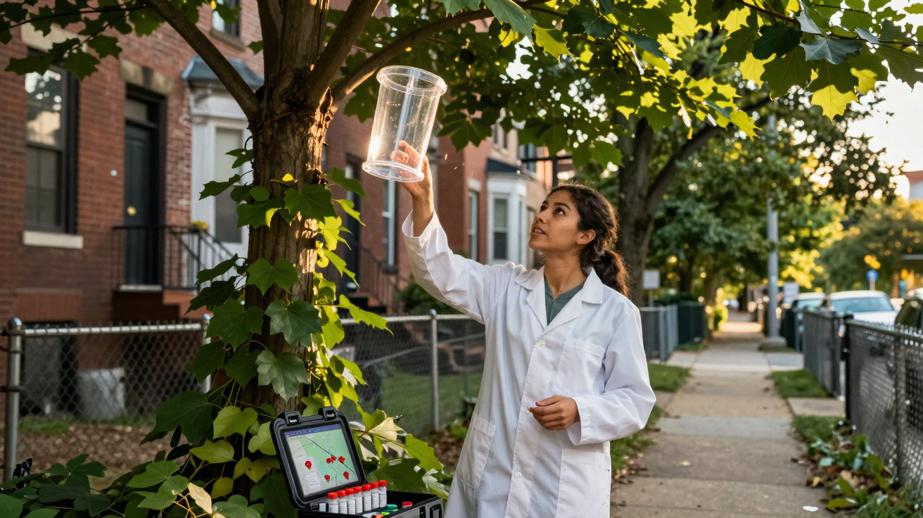 Wissenschaftlerin in weißem Kittel fängt mit Kunststoffbehälter Insekten an einem Baum in städtischer Umgebung ein.