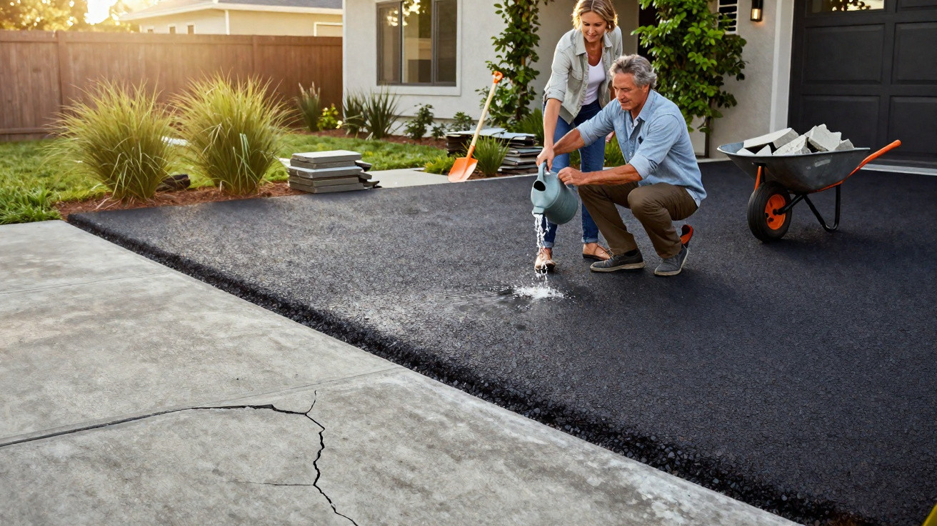 Ein Paar gießt Wasser auf frisch verlegten Asphalt vor einem Haus mit Schubkarre und Schaufel.