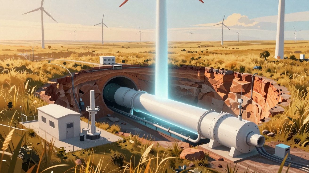 Illustration einer futuristischen Energieanlage mit großen Rohren und Windrädern in einer Graslandschaft.