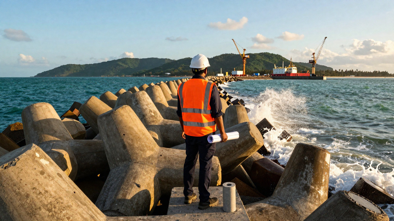 Bauarbeiter mit Helm und Warnweste steht auf Wellenbrechern und blickt auf Hafen mit Kränen bei Sonnenuntergang.