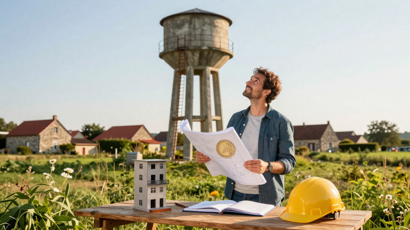 Architekt mit Bauplan vor Wasserturm und Modellhaus auf rustikalem Holztisch im Freien.