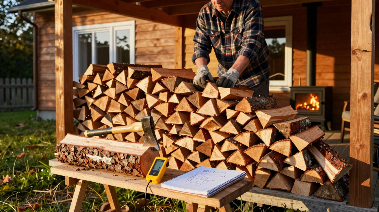 Mann stapelt gespaltenes Feuerholz unter überdachtem Holzlager vor Holzhaus mit brennendem Ofen.
