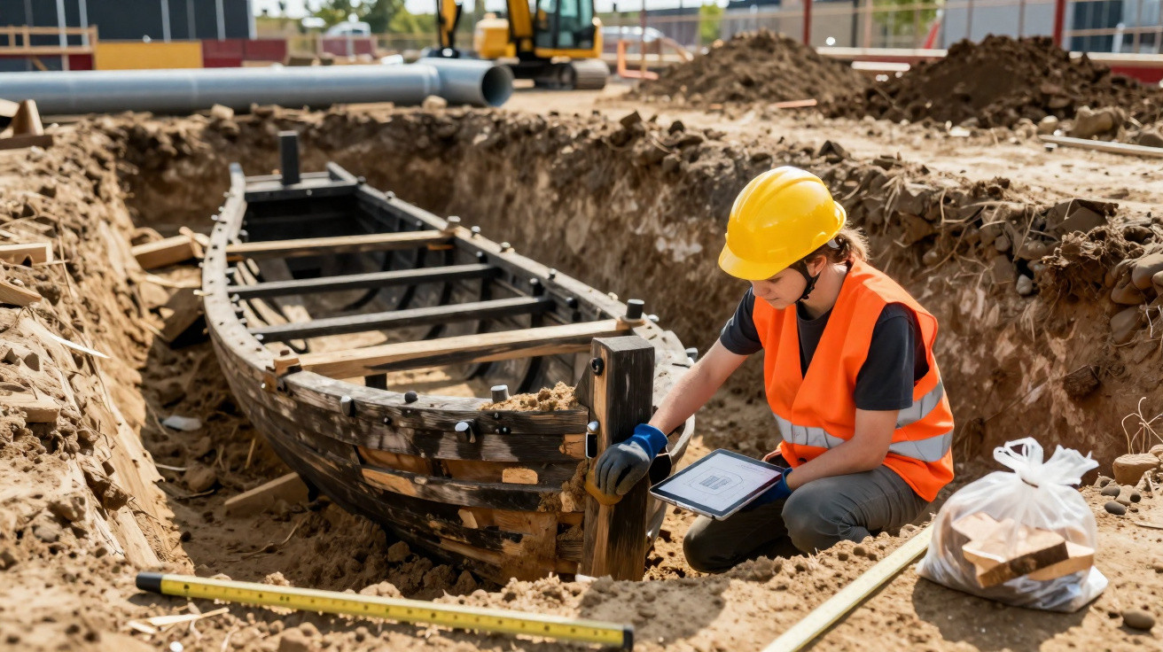 Archäologin in Schutzkleidung untersucht altes Holzboot bei Ausgrabung auf Baustelle.
