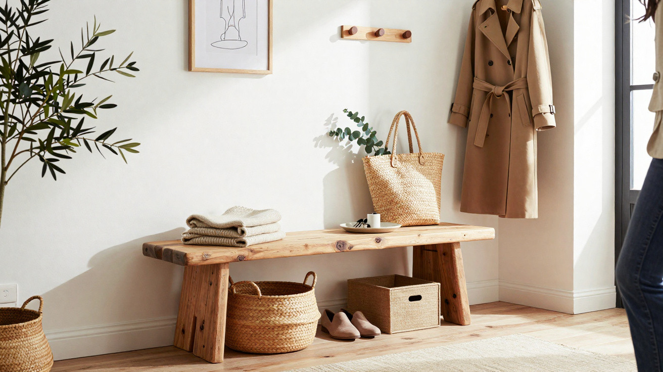 Heller Flur mit Holzbett, Trenchcoat an Wandhaken, geflochtenen Körben und Casual-Schuhen.