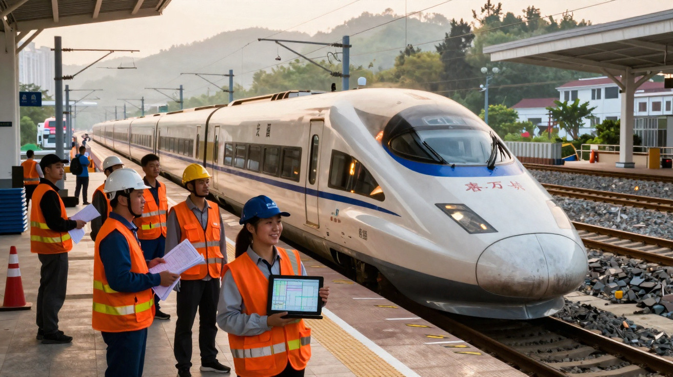 Ingenieure und Techniker mit Schutzhelm und Warnwesten prüfen einen modernen Hochgeschwindigkeitszug am Bahnsteig.