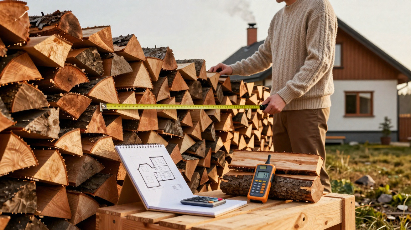 Mann misst Stapel mit Brennholz vor Haus, Tisch mit Bauplan, Taschenrechner und Walkie-Talkie im Vordergrund.