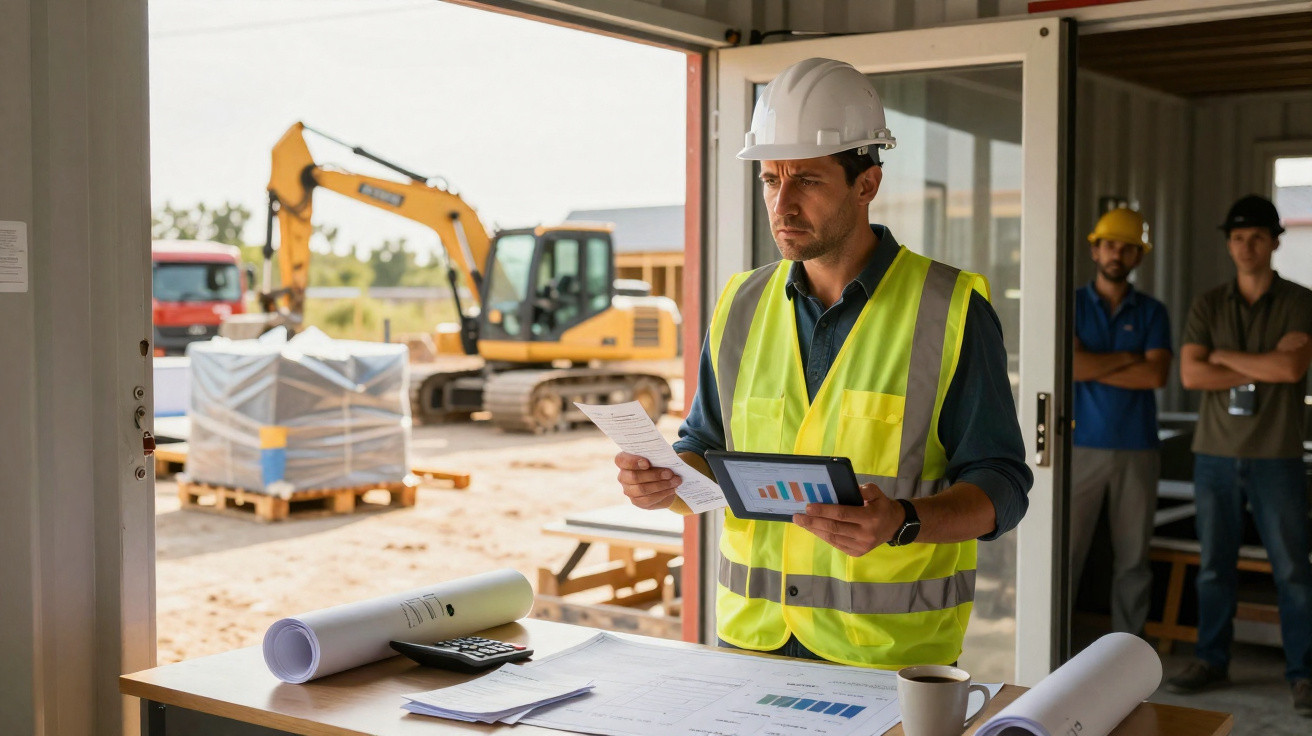Bauleiter mit Helm und Warnweste überprüft Pläne und Dokumente auf einer Baustelle mit Bagger im Hintergrund.