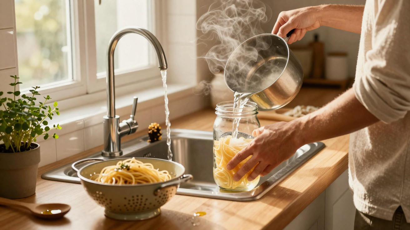 Person gießt dampfendes Wasser mit gekochten Nudeln in ein Glas in einer hellen Küche am Spülbecken.