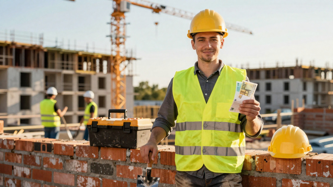 Bauarbeiter mit gelber Schutzweste und Helm hält Euro-Geldscheine auf Baustelle mit Kran im Hintergrund.