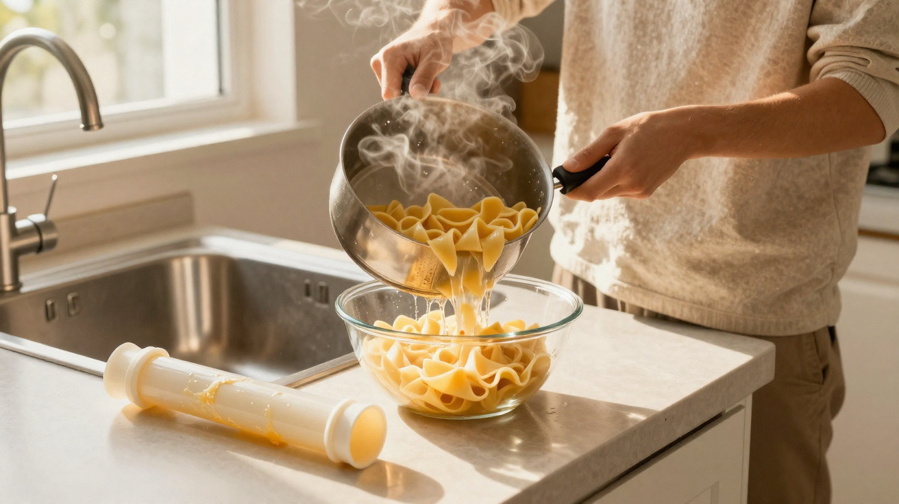 Person gießt frisch gekochte Pasta aus einem Topf in eine Glasschüssel in einer hellen Küche.