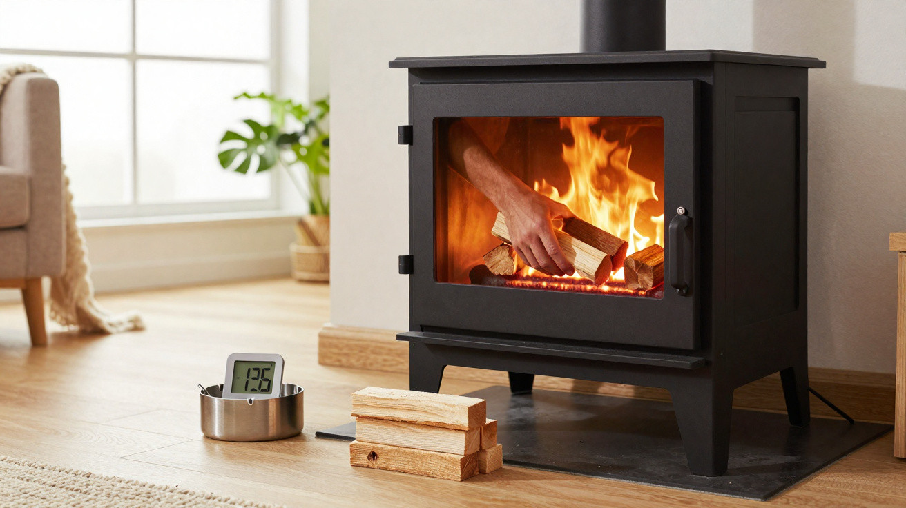 Schwarzer Kaminofen mit brennendem Feuer und Hand, die Holzscheit hineinlegt, mit Holzboden und Fenster im Hintergrund.