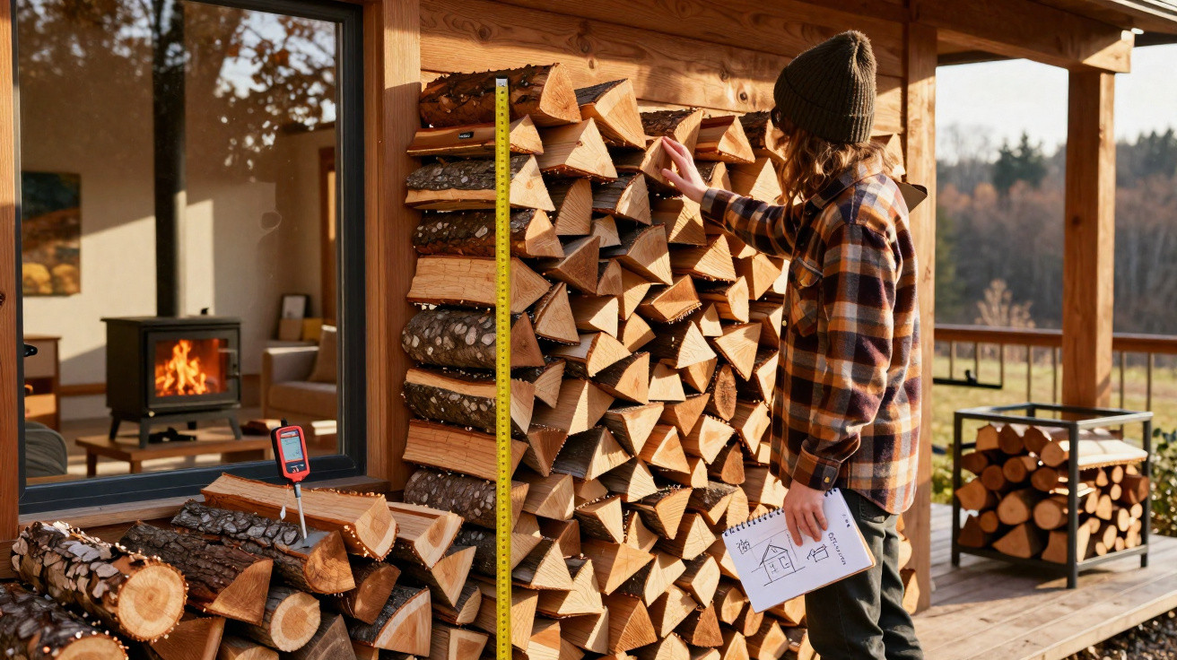Mann stapelt gespaltenes Brennholz draußen neben Holzhaus und hält Skizze in der Hand.