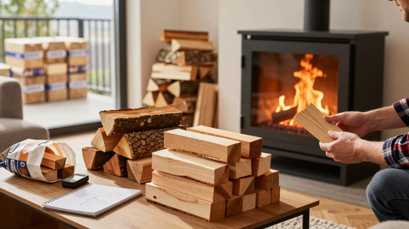 Gestapelte Holzscheite vor einem brennenden Kamin, eine Person hält Holzscheite in den Händen.
