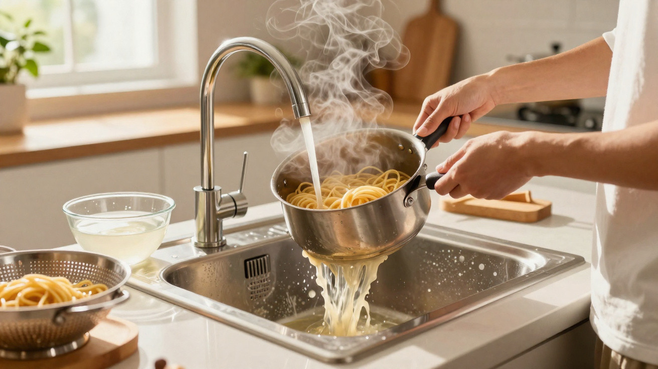 Person gießt kochendes Wasser aus einem Topf mit Nudeln in die Küchenspüle ab.