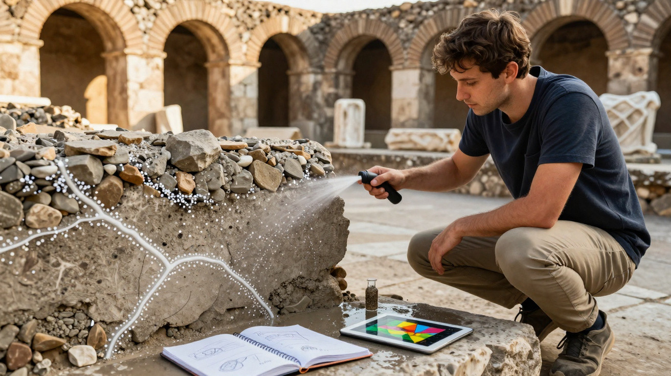 Junger Mann besprüht antike Steinmauer mit Wasser im Freien, neben ihm Skizzenbuch und Tablet mit Farbentwurf.