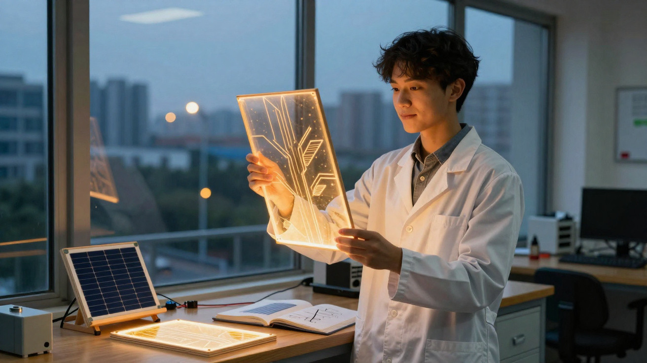 Junger Wissenschaftler im Labor untersucht leuchtendes transparentes Bauteil bei Abenddämmerung.