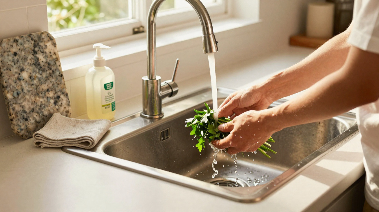 Person wäscht frische Kräuter unter fließendem Wasser in einer modernen Küchenarmatur am Spülbecken.