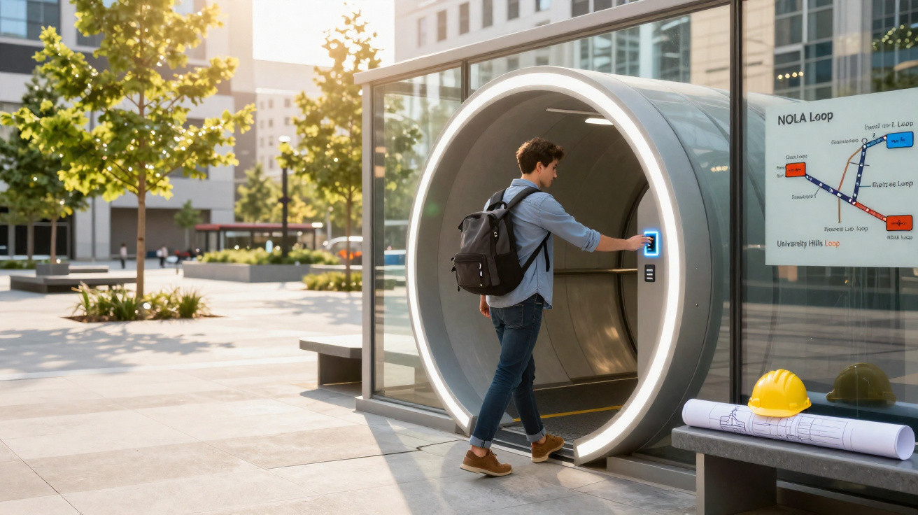 Junger Mann mit Rucksack betritt futuristischen runden U-Bahn-Eingang in moderner Stadtlandschaft.