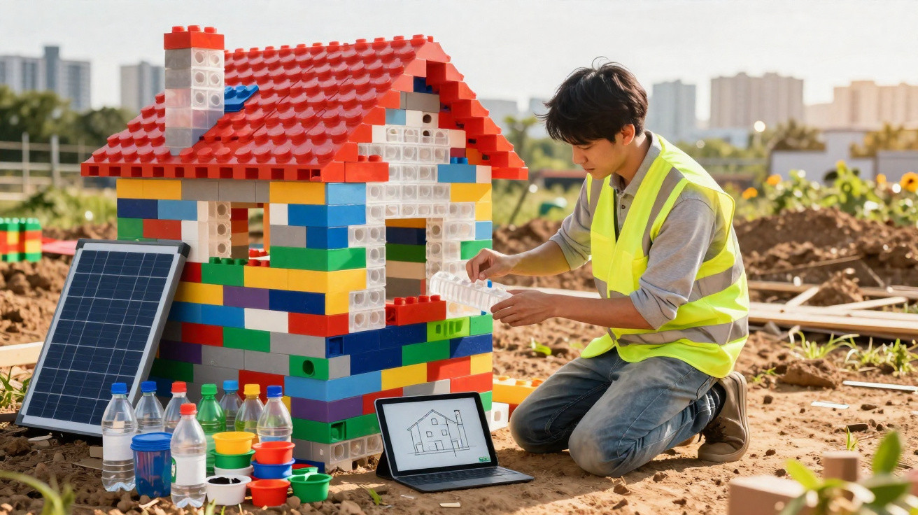 Mann mit Warnweste baut aus bunten Bausteinen ein Modellhaus im Freien, neben Solarpanel und Laptop.
