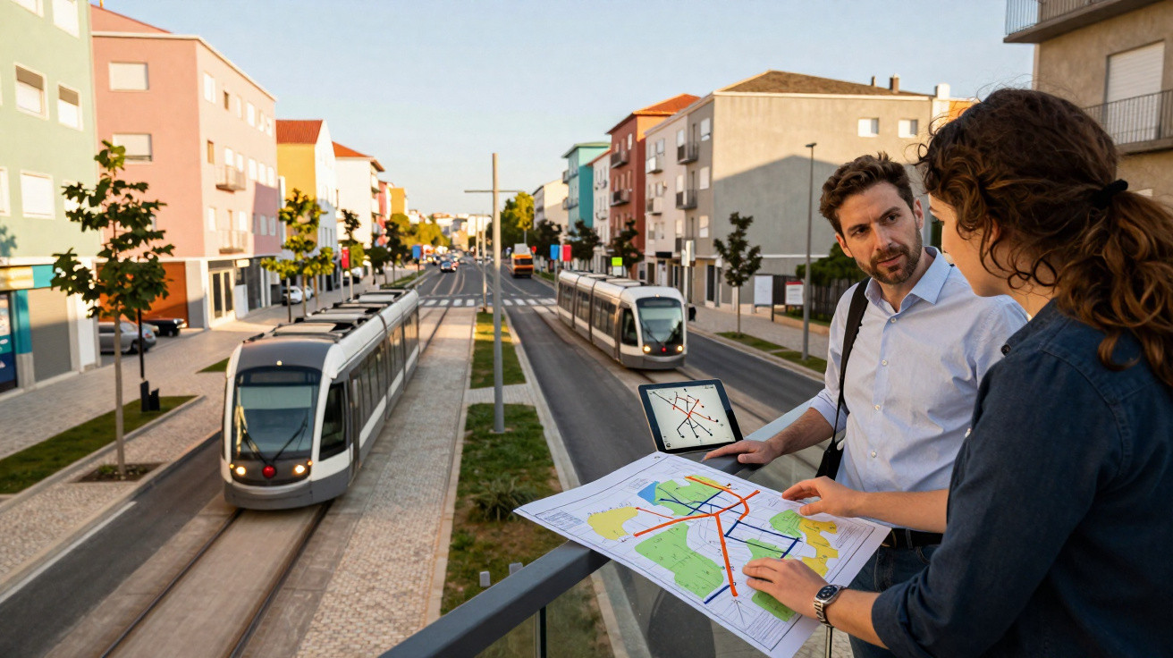 Zwei Personen mit Stadtplan und Tablet beobachten Straßenbahnen auf einer modernen Straße mit Wohngebäuden.