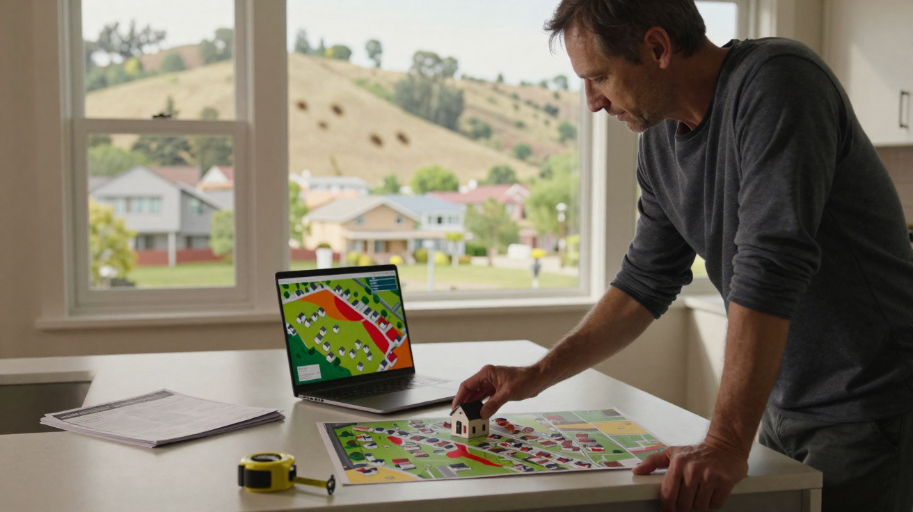 Mann plant mit Miniaturhaus und Karte Immobilienentwicklung am Tisch, Laptop zeigt Baugebietskarte.