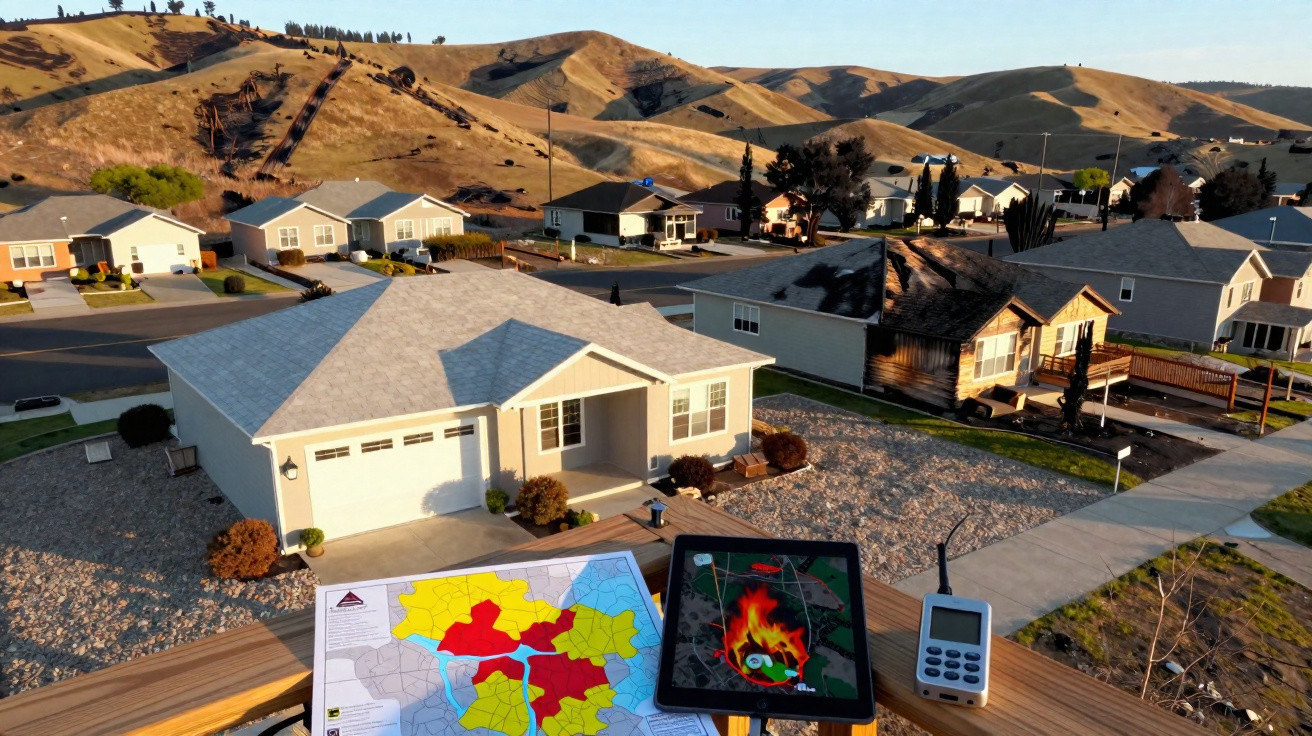 Wohngebiet in sonniger, hügeliger Landschaft mit Karte, Tablet und Walkie-Talkie auf Geländer im Vordergrund.