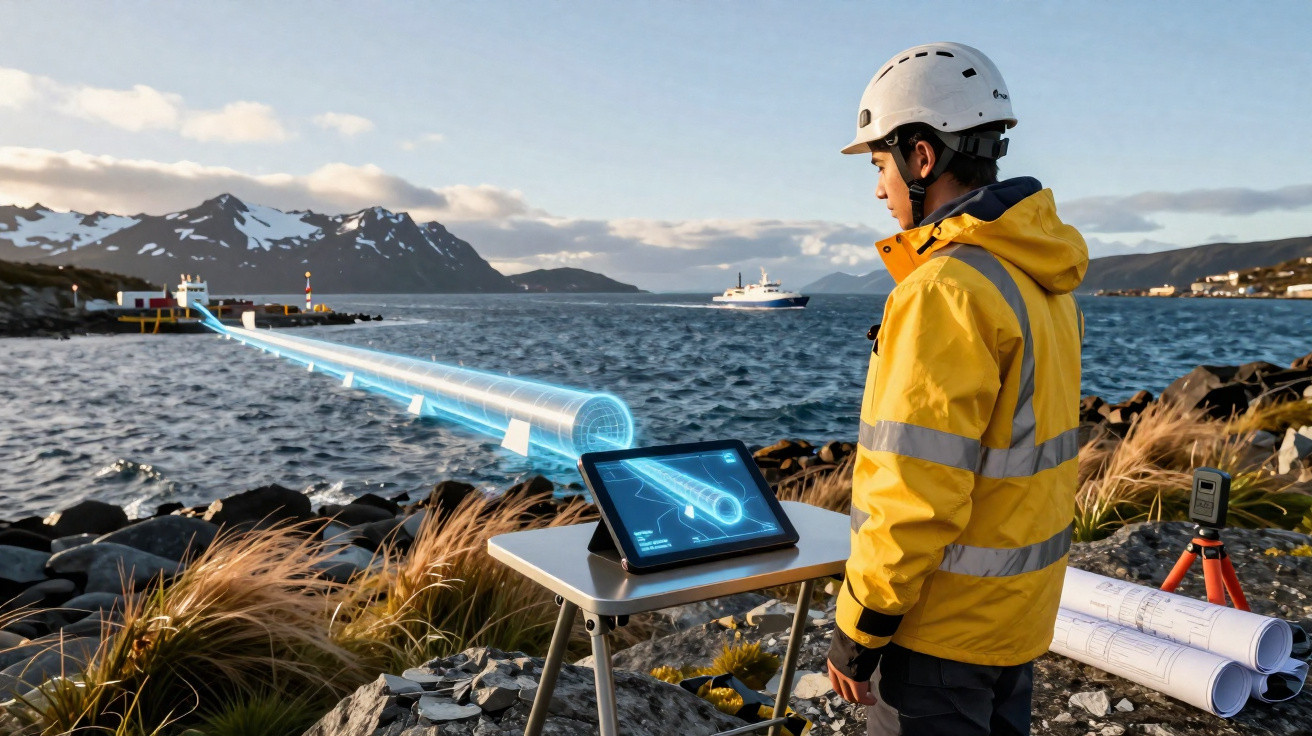 Ingenieur in Gelbjacke und Helm beobachtet digitales Pipelinemodell am Tablet an Küste mit Bergen und Schiff.