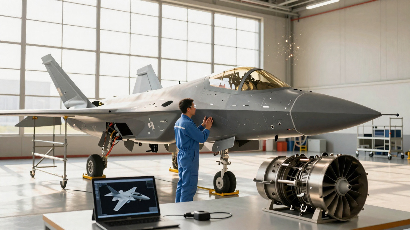Ingenieur in blauer Arbeitskleidung prüft modernen Kampfjet in hellen Hangar mit Laptop und Triebwerk.