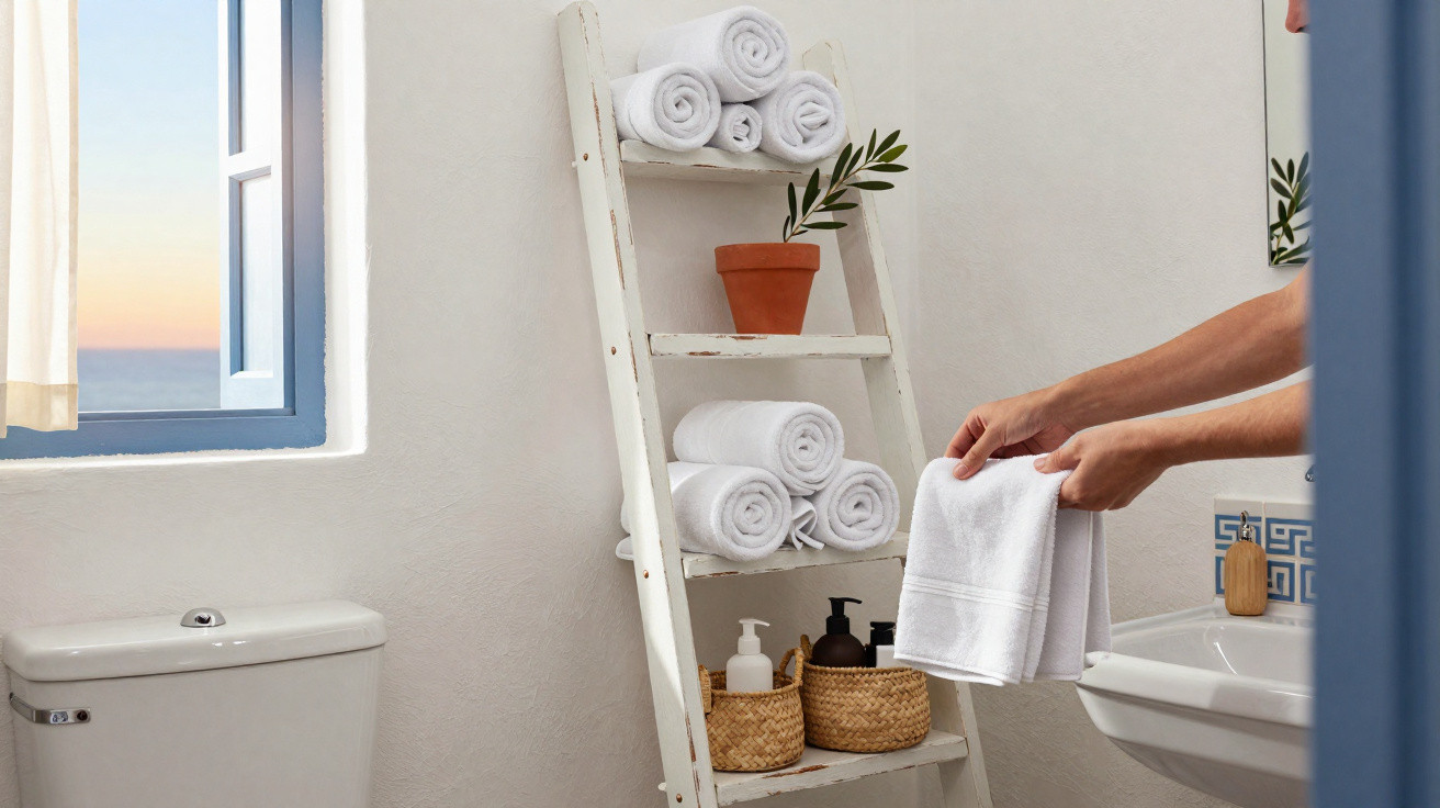 Weißes Badezimmer mit Leiterregal, Handtüchern, Pflanzen und Person, die Handtuch hält.