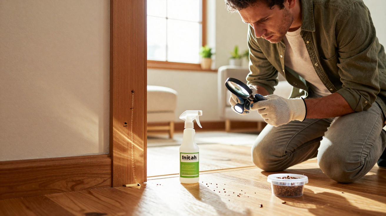 Mann kniet am Boden und untersucht mit Lupe kleine Insekten am Türrahmen, Insektenspray steht daneben.