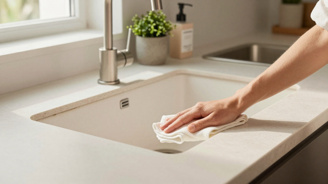 Hand wischt mit Tuch über sauberes Waschbecken in moderner, heller Küche am Fenster.