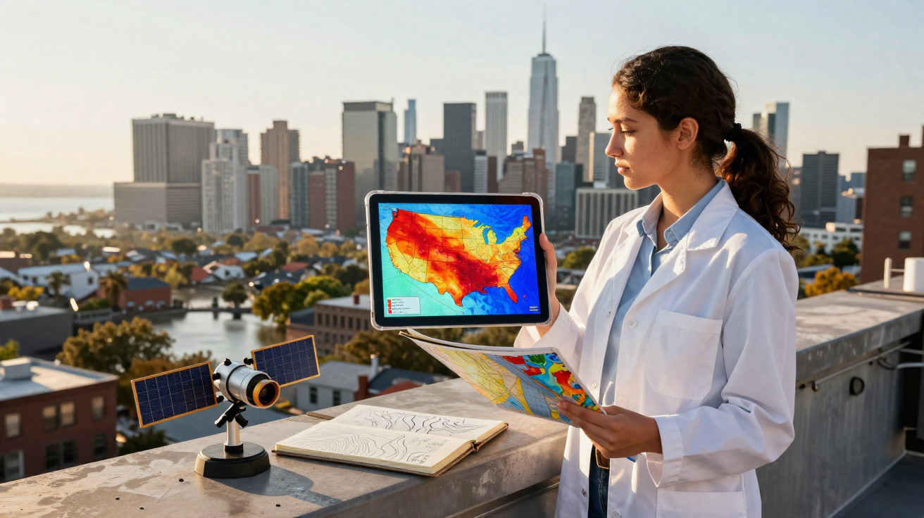 Frau in weißem Kittel zeigt Temperaturkarte der USA auf Tablet auf Dach mit Stadtpanorama im Hintergrund.