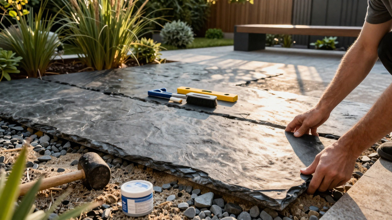 Person verlegt Steinplatten in einem Garten auf Kiesbett mit Werkzeug und Pflanzen im Hintergrund.