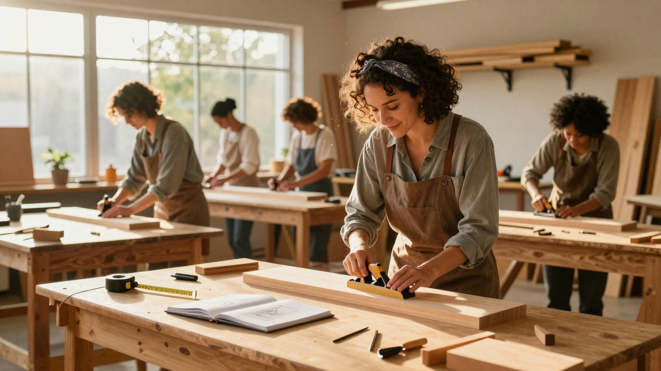 Vier Frauen bearbeiten Holz auf Werkbänken in einer hellen, gut ausgestatteten Werkstatt.