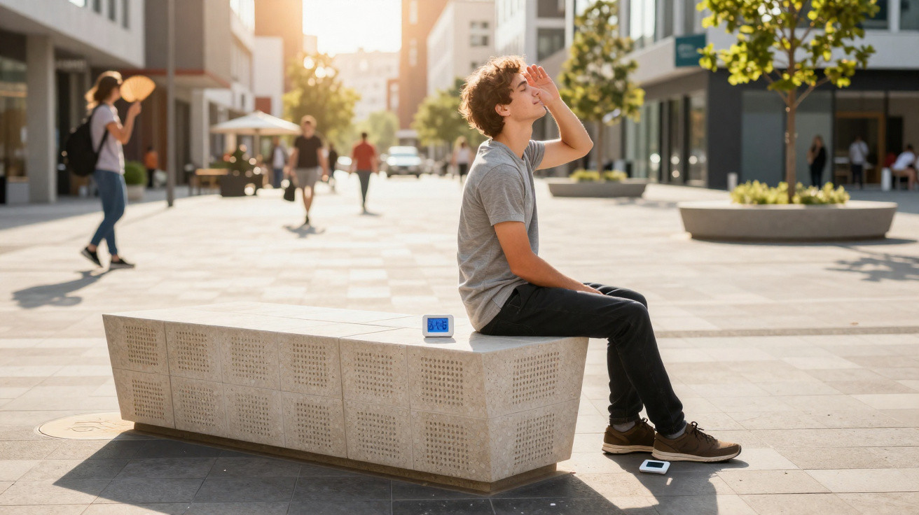 Junger Mann sitzt auf moderner Parkbank im Freien und blickt mit Hand über die Augen in die Sonne.