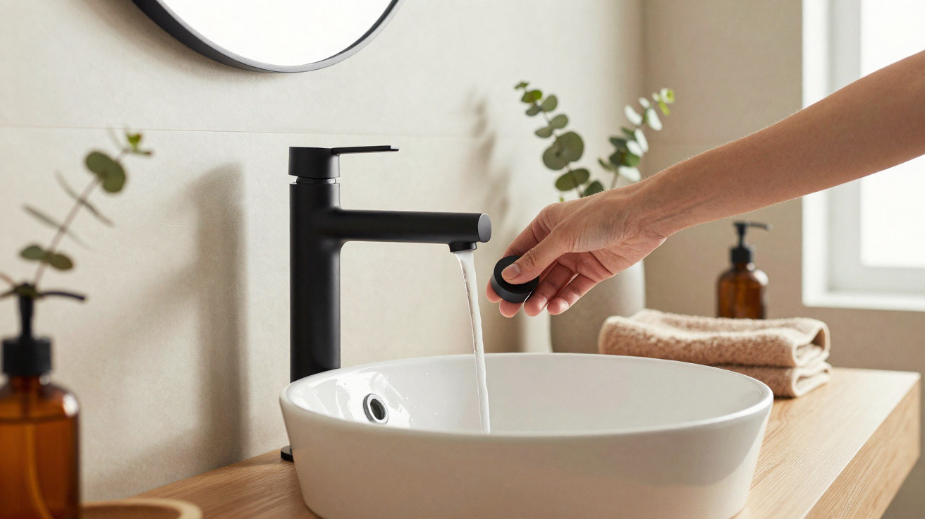 Hand dreht schwarzen Wasserhahnstöpsel über weißem Waschbecken in modernem Badezimmer.