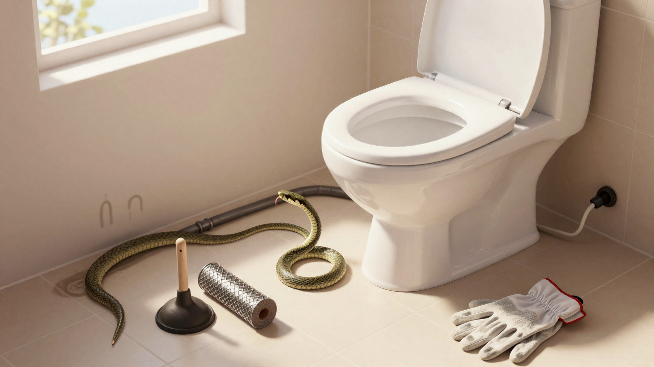 Badezimmer mit offener Toilette, Schlange auf dem Boden, Pümpel, Folie und Arbeitshandschuhen.