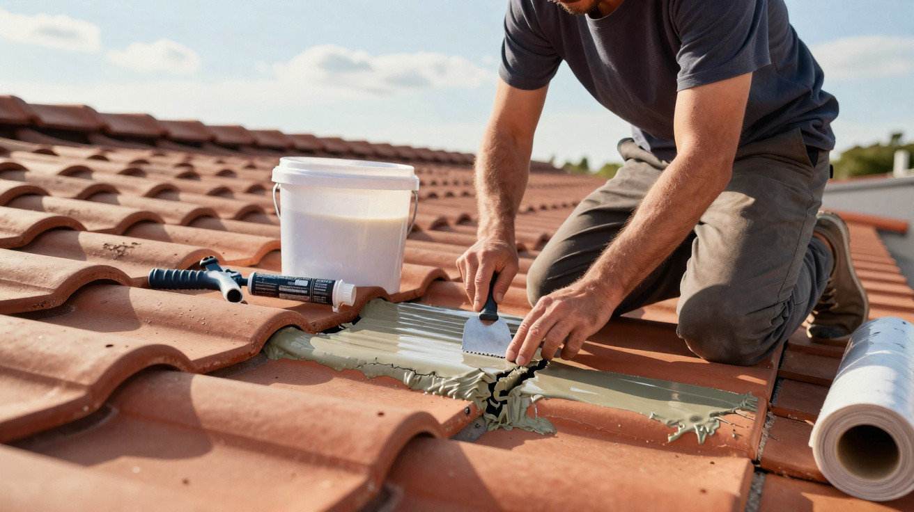 Handwerker repariert mit Spachtel und Dichtmasse ein undichtes Dach aus roten Ziegeln bei Sonnenlicht.