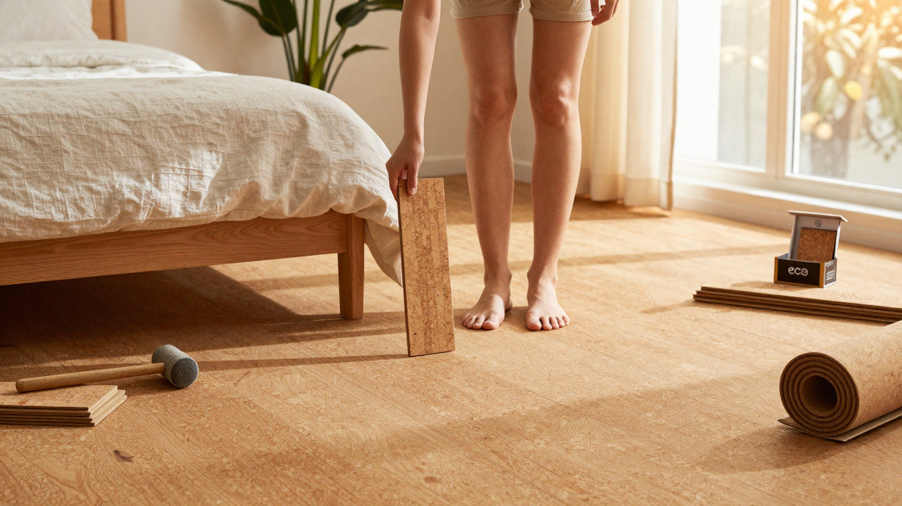Füße einer Person verlegen Korkboden in einem hellen, gemütlichen Schlafzimmer neben einem Bett.