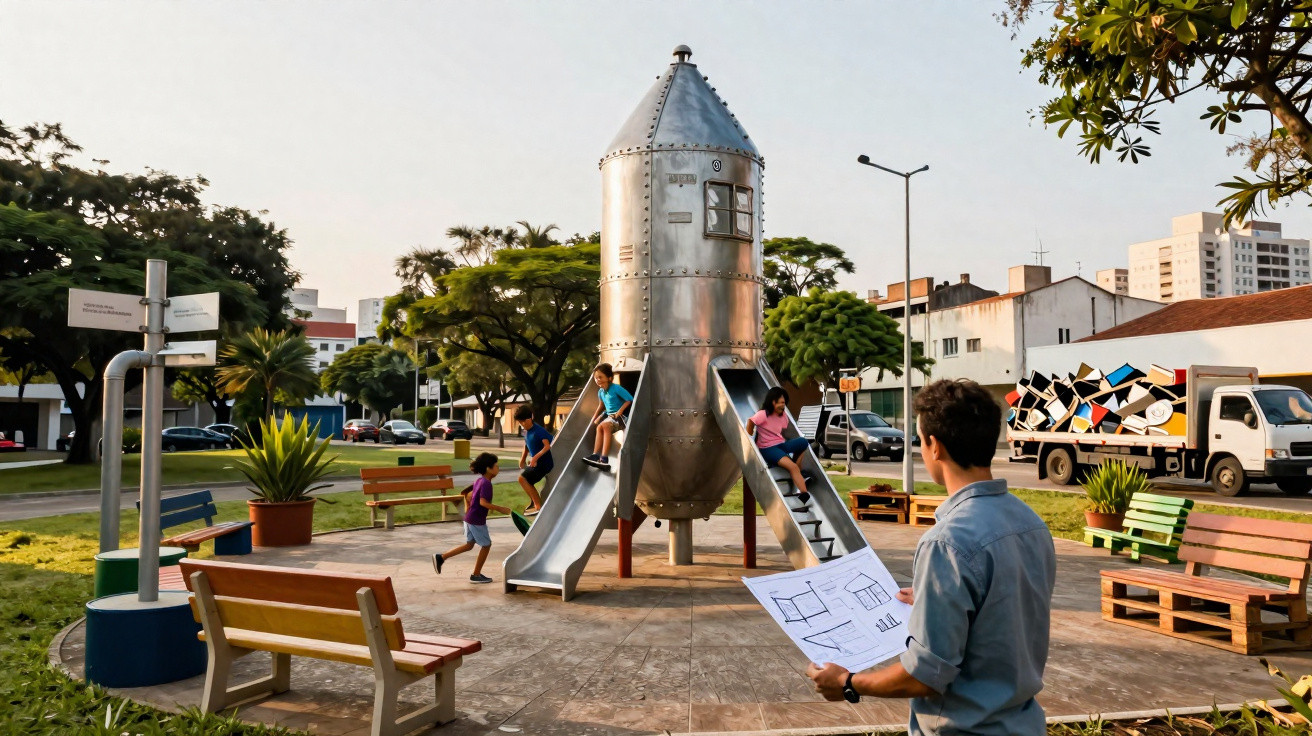 Kinderspielplatz mit raketenförmiger Rutsche und Mann, der Baupläne in städtischem Park betrachtet.