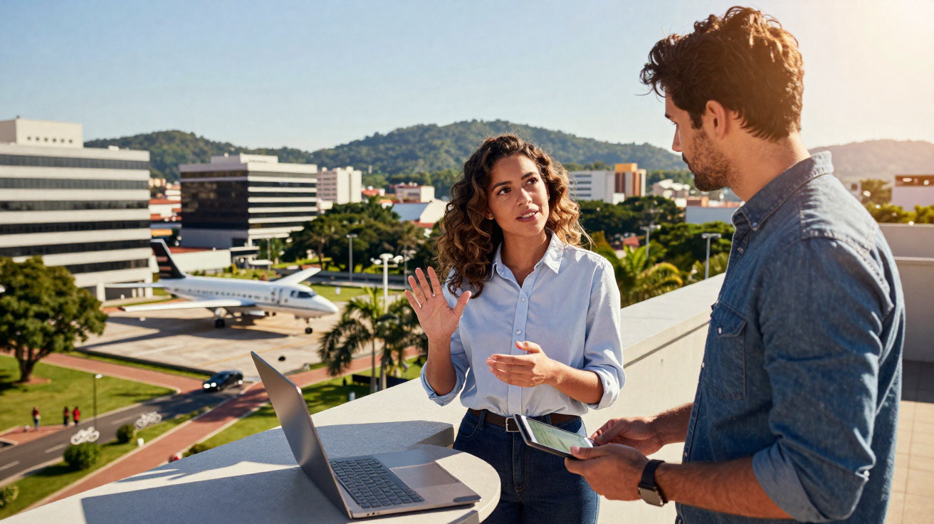 Zwei Personen im Gespräch auf Dachterrasse mit Laptop, Flugzeug und Gebäuden im Hintergrund bei Sonnenschein.