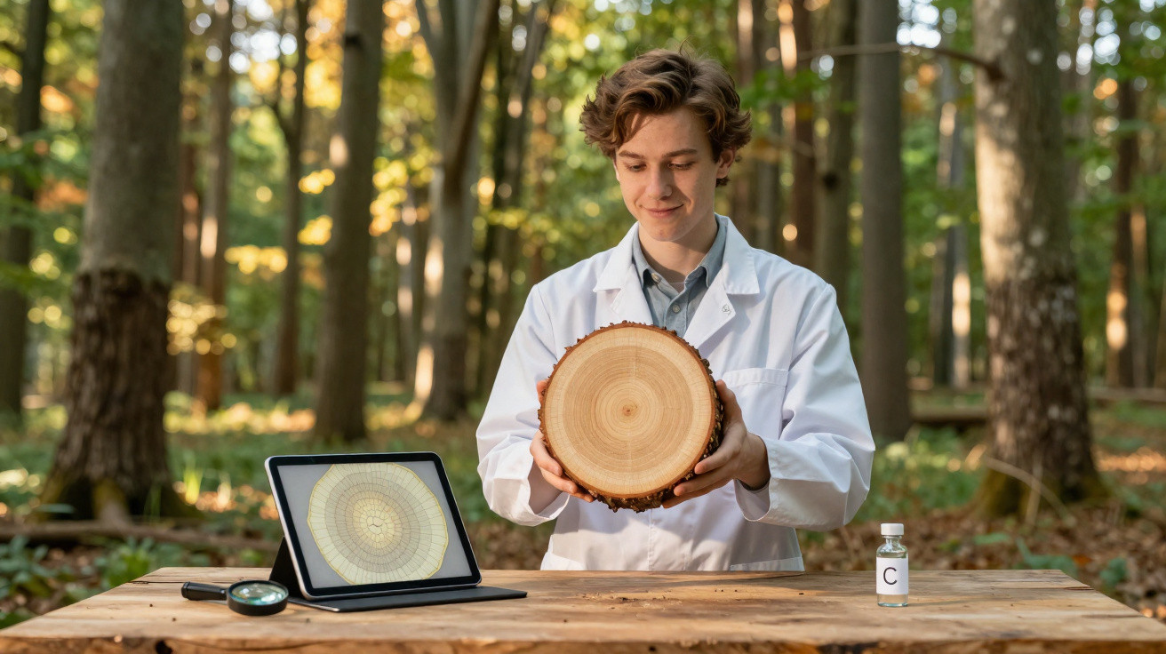 Waldforscher in weißem Kittel hält Baumstammscheibe, untersucht Jahresringe im Wald mit Tablet und Lupe.