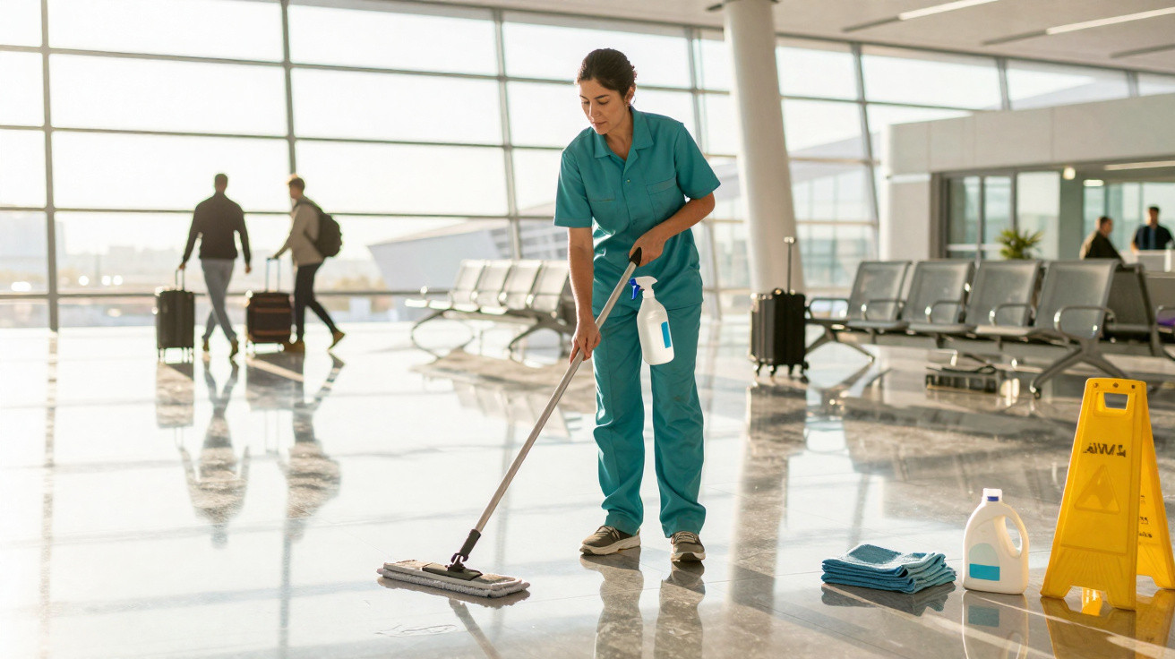 Reinigungskraft wischt Boden im hellen Flughafen-Terminal mit Putzutensilien und Warnschild im Vordergrund.