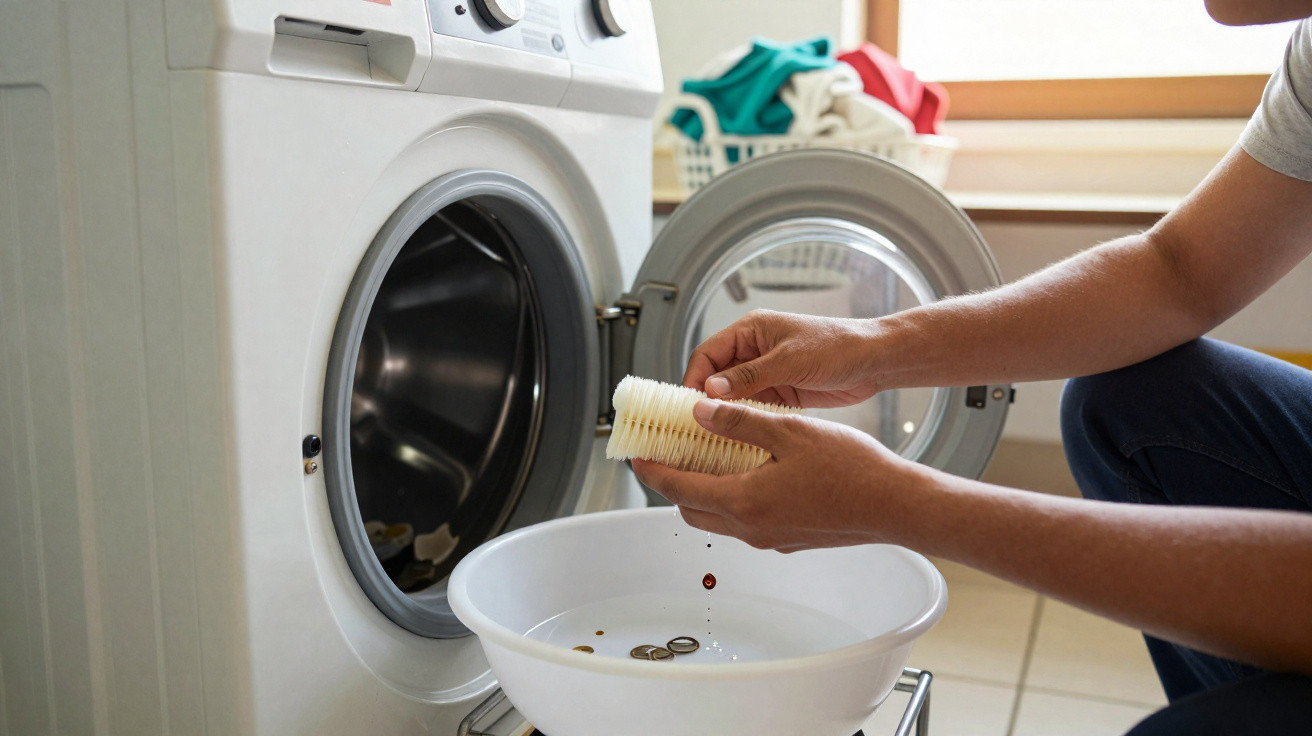 Person reinigt den Flusensieb einer Waschmaschine über einer weißen Schüssel in einem hellen Waschraum.