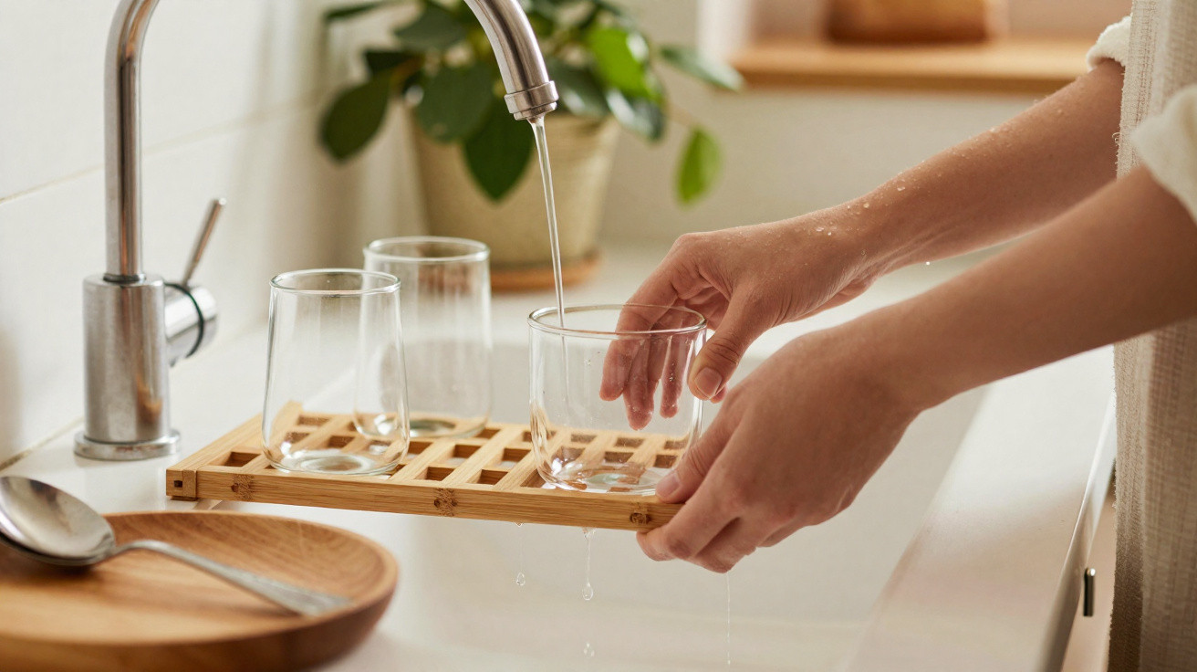 Person füllt ein Glas mit Wasser aus dem Wasserhahn in einer Küche.