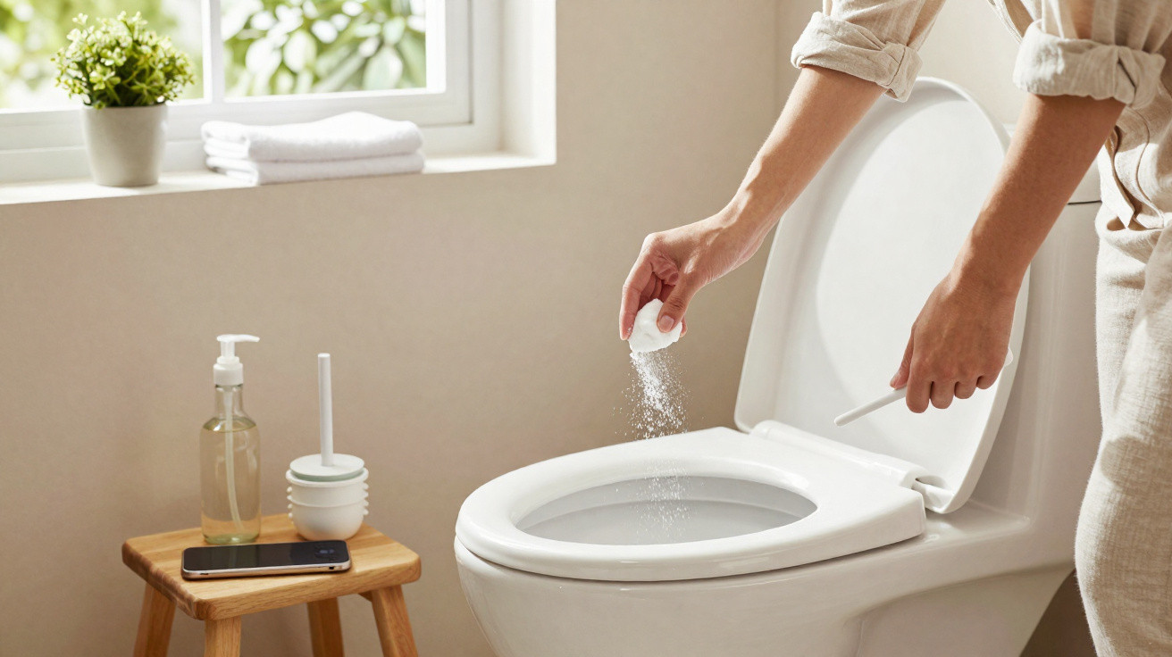 Person streut Reinigungspulver ins weiße WC, Toilette mit geöffnetem Deckel in hell beleuchtetem Badezimmer