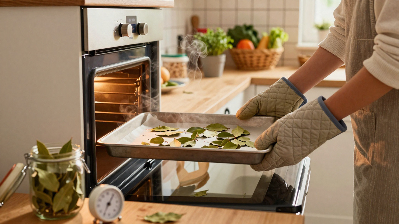 Person mit Ofenhandschuhen legt ein Backblech mit Lorbeerblättern in einen eingeschalteten Ofen in einer Küche.