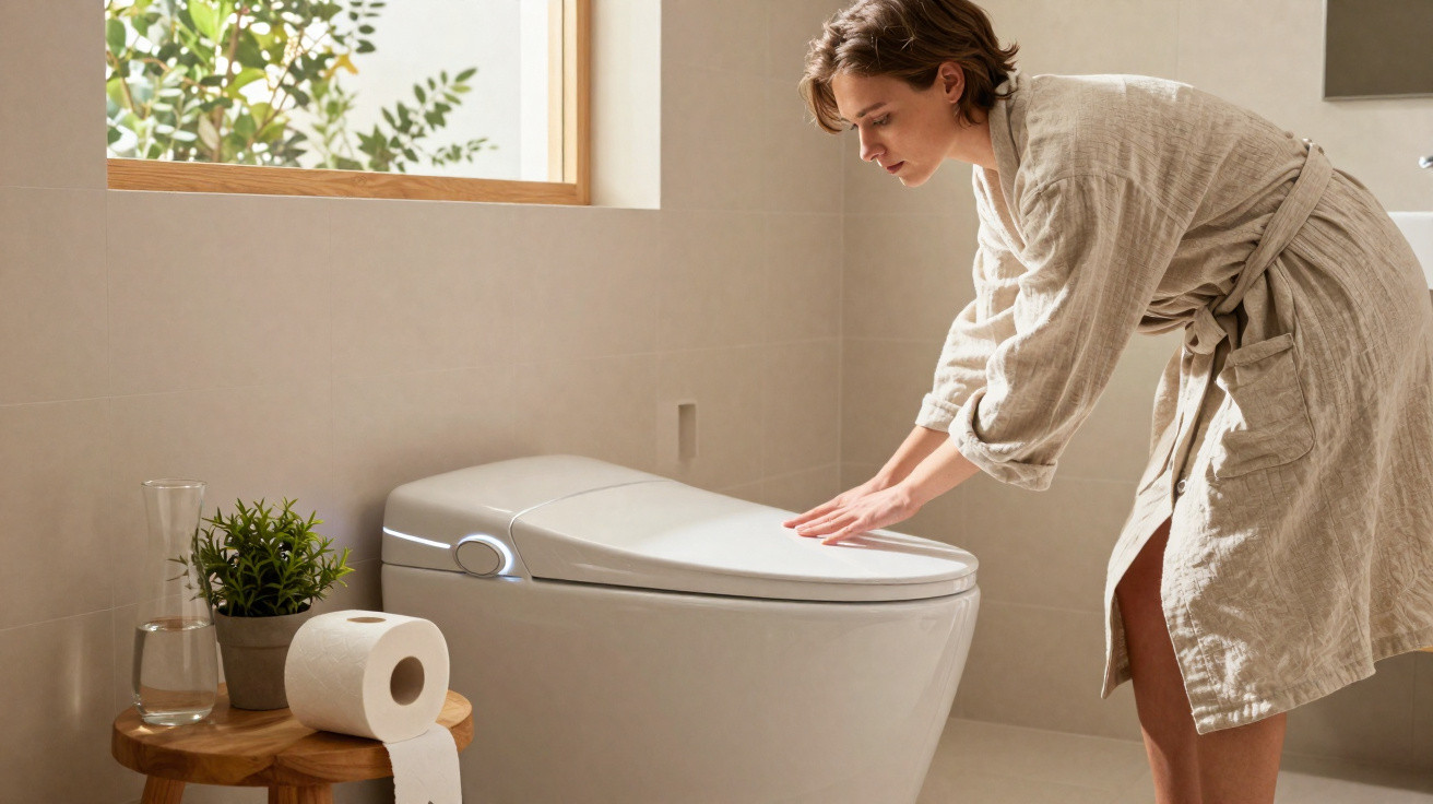 Frau im Bademantel öffnet den Deckel einer modernen, weißen Toilette in hellem Badezimmer.