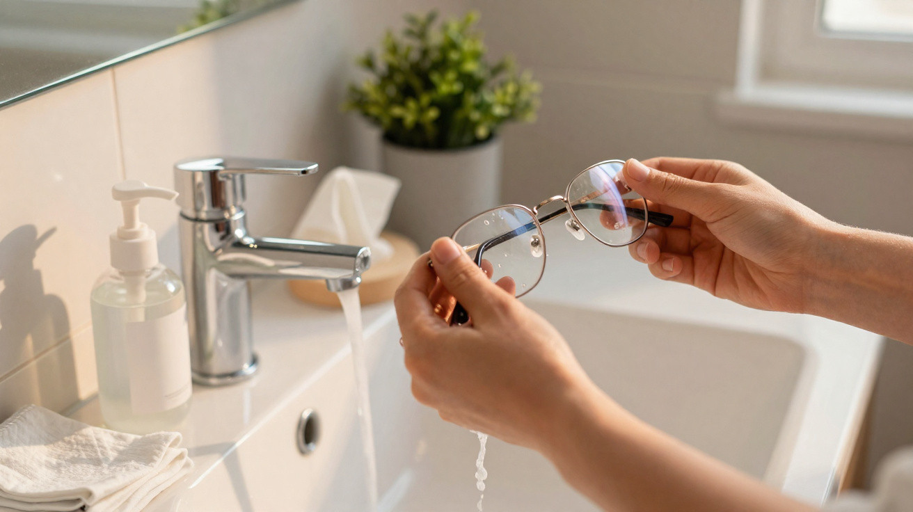 Person wäscht eine Brille unter fließendem Wasser am Waschbecken im Badezimmer.