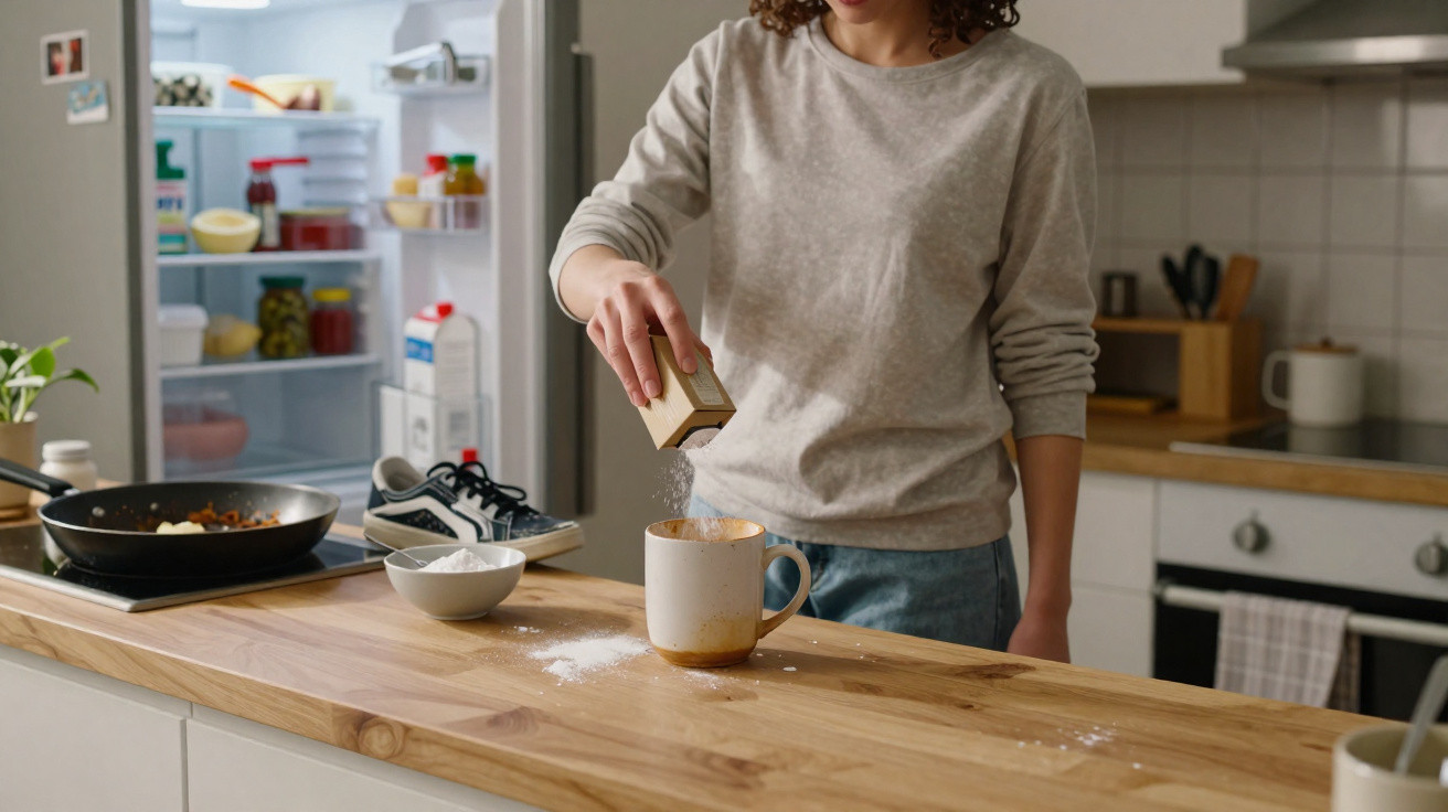Frau streut Zucker in Tasse in einer Küche mit offenem Kühlschrank und Kochutensilien.